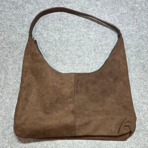 Brown Faux Suede Slouchy Hobo Shoulder Bag Large Tote Vegan Leather Retro